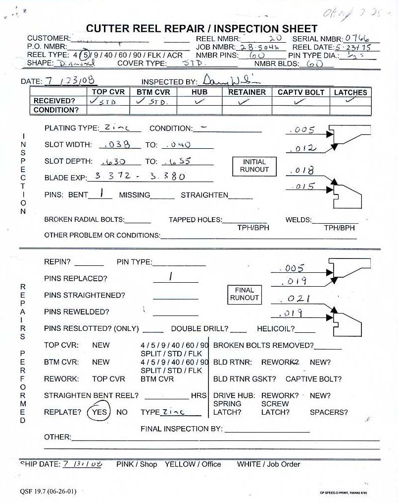 Cutter Reel Inspection sheet